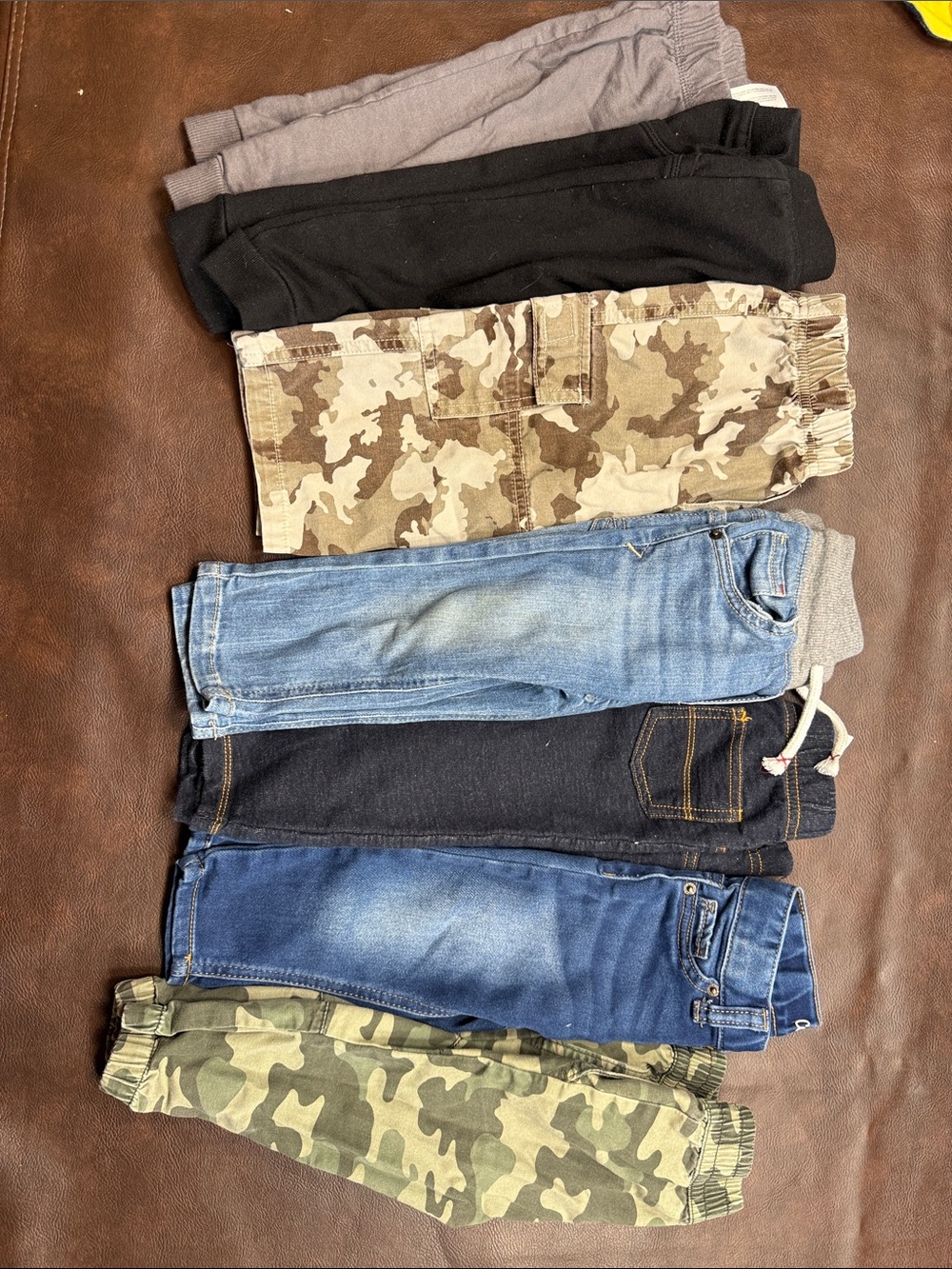 7 Mixed Boys Pants Bundle - Camouflage, Denim & Sweats 18M
